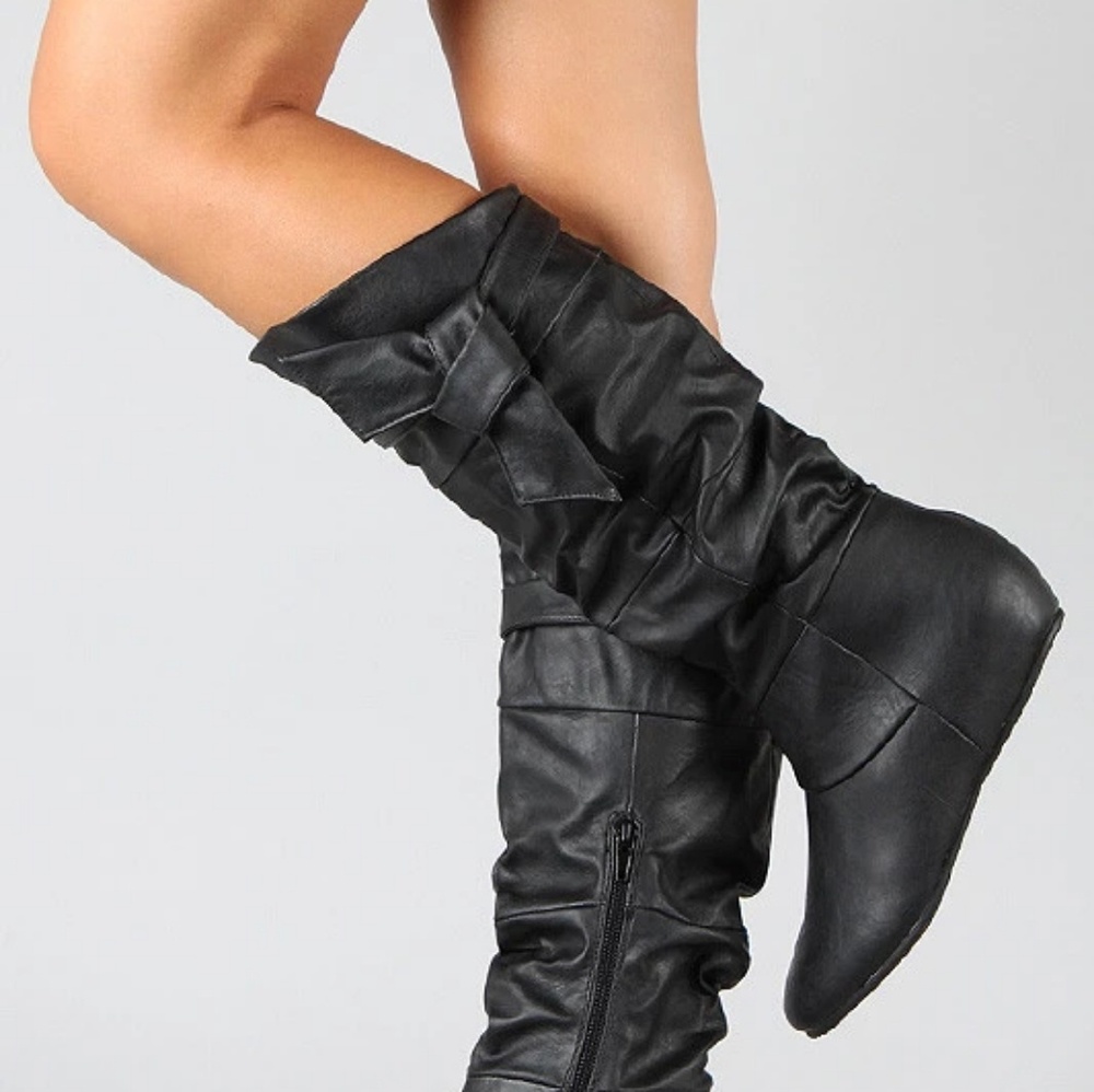 Wild Diva Knee high Black Slouchy Bow boots